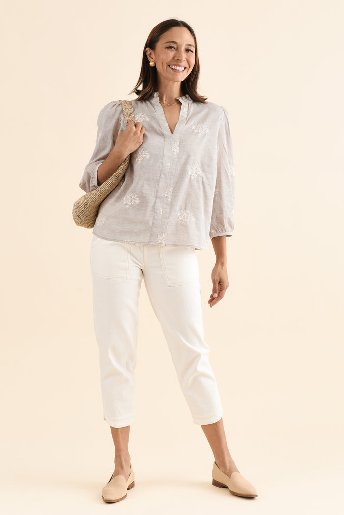 Korey Beige Stripe Cotton Blouse,Full Body,Brunette model,alt text|model:Cara