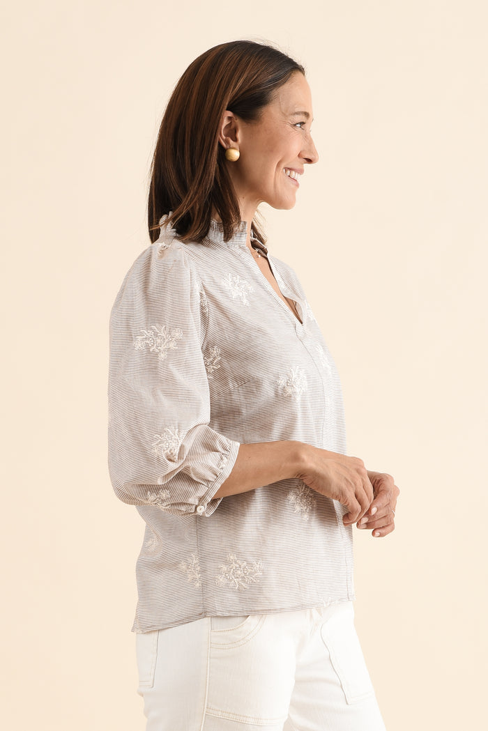 Korey Beige Stripe Cotton Blouse,Side,Brunette model,alt text|model:Cara