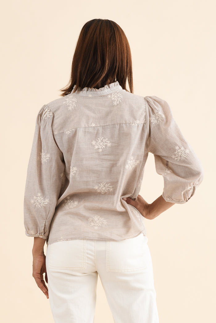 Korey Beige Stripe Cotton Blouse,Back,Brunette model,alt text|model:Cara