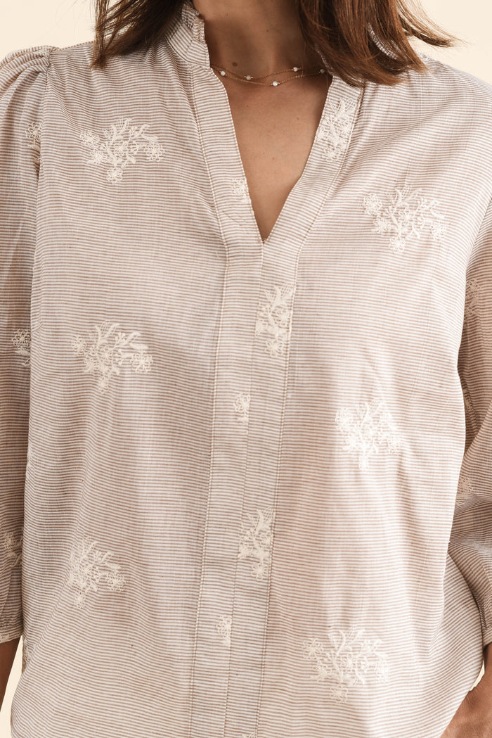 Korey Beige Stripe Cotton Blouse,Detail,Brunette model,alt text|model:Cara