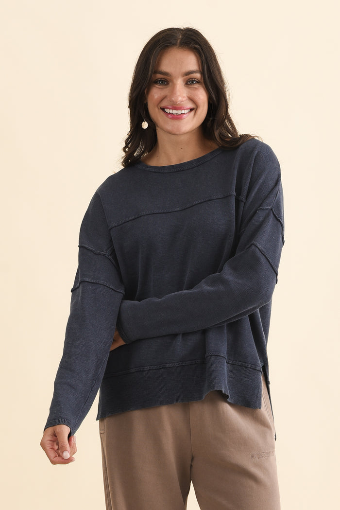 Kymberly Navy Cotton Knit Jumper,Brunette model,alt text|model:Brontie