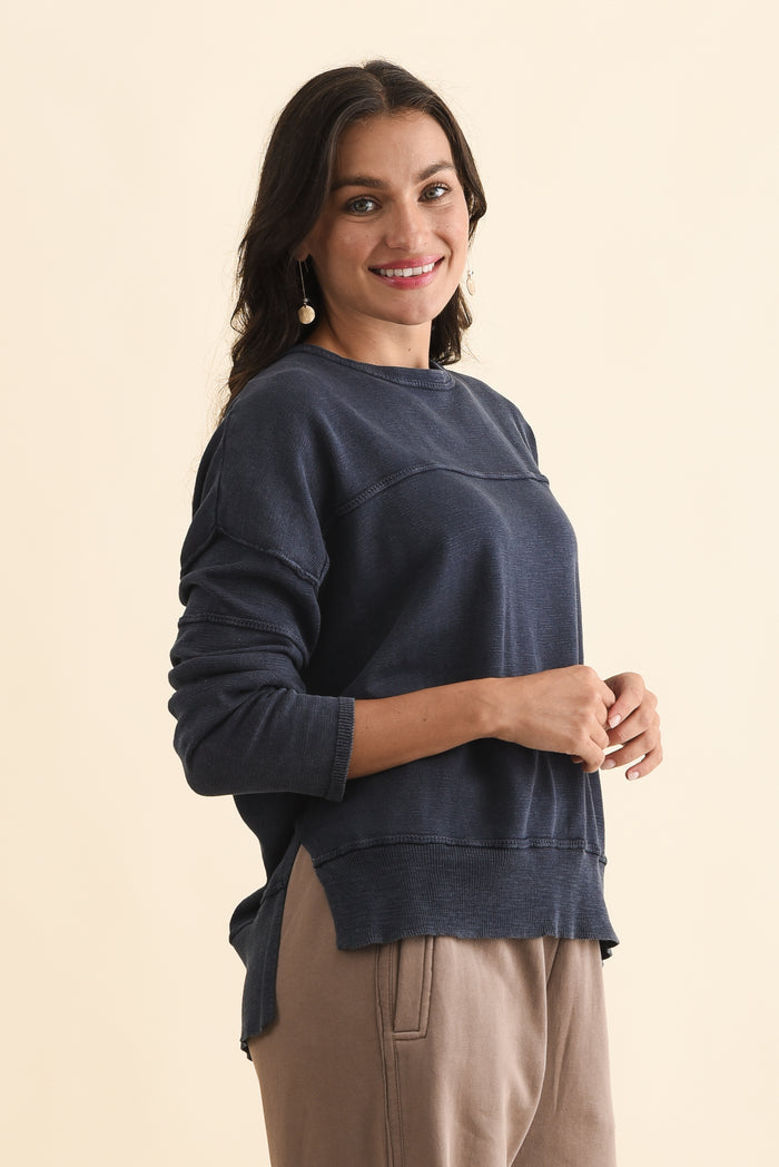 Kymberly Navy Cotton Knit Jumper,Brunette model,alt text|model:Brontie