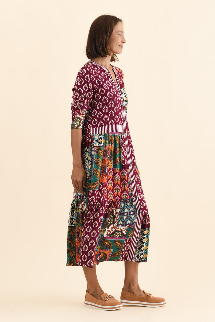 Lacala Purple Motif Button Dress,Brunette model,alt text|model:Cara
