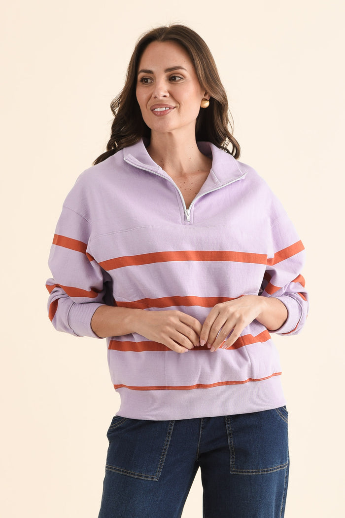 Lane Lilac Stripe Half Zip Sweatshirt,Front,Brunette model,alt text|model:MJ