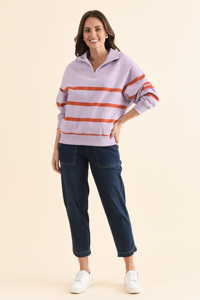 Lane Lilac Stripe Half Zip Sweatshirt,Full Body,Brunette model,alt text|model:MJ