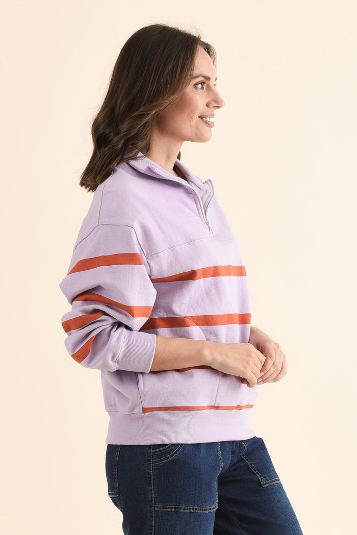Lane Lilac Stripe Half Zip Sweatshirt,Side,Brunette model,alt text|model:MJ