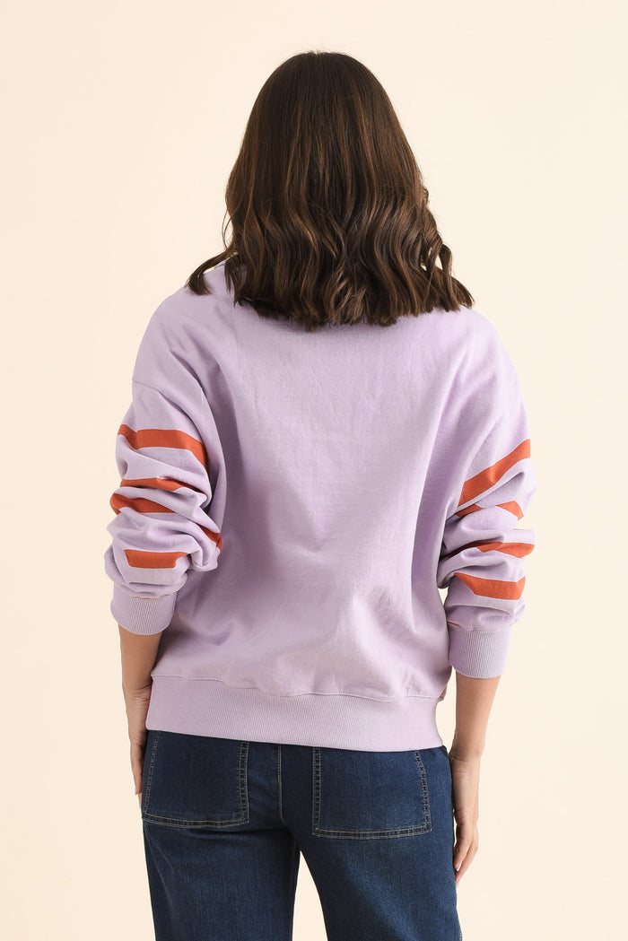 Lane Lilac Stripe Half Zip Sweatshirt,Back,Brunette model,alt text|model:MJ