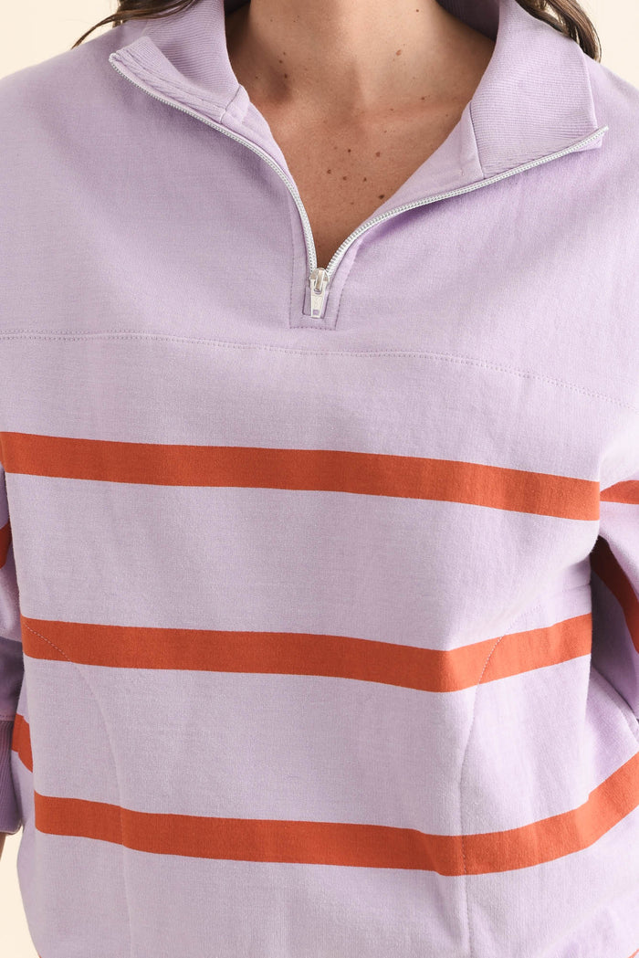 Lane Lilac Stripe Half Zip Sweatshirt,Detail,Brunette model,alt text|model:MJ