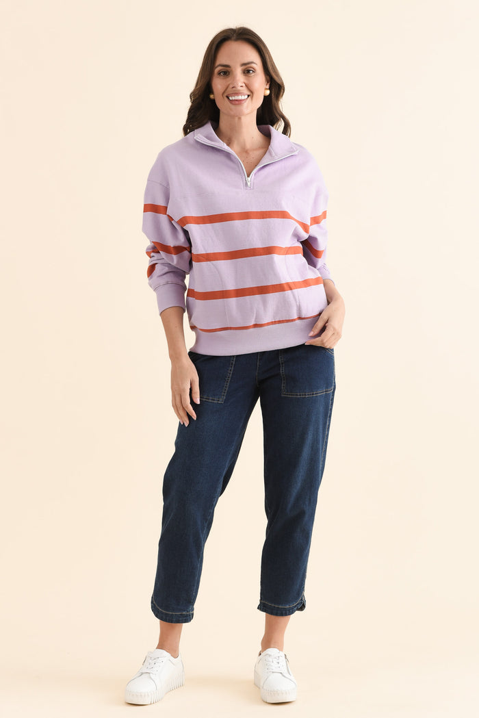Lane Lilac Stripe Half Zip Sweatshirt,Full Body,Brunette model,alt text|model:MJ