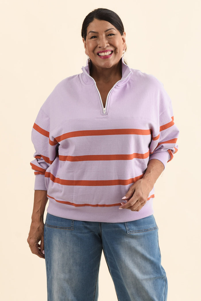 Lane Lilac Stripe Half Zip Sweatshirt,Front,Brunette model,alt text|model:Pilita