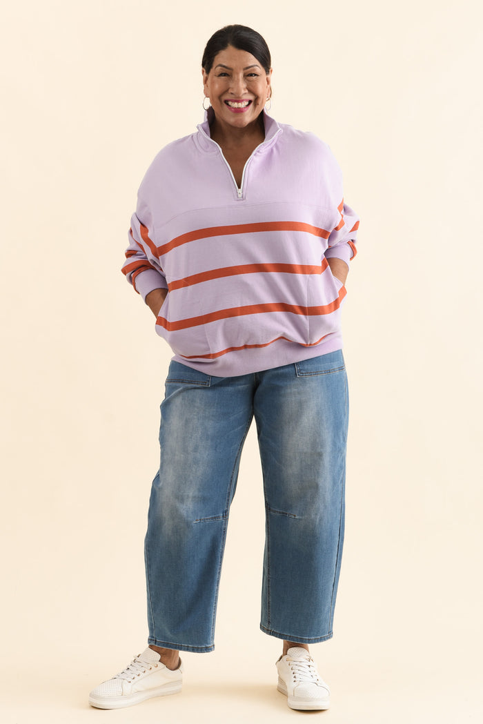 Lane Lilac Stripe Half Zip Sweatshirt,Full Body,Brunette model,alt text|model:Pilita