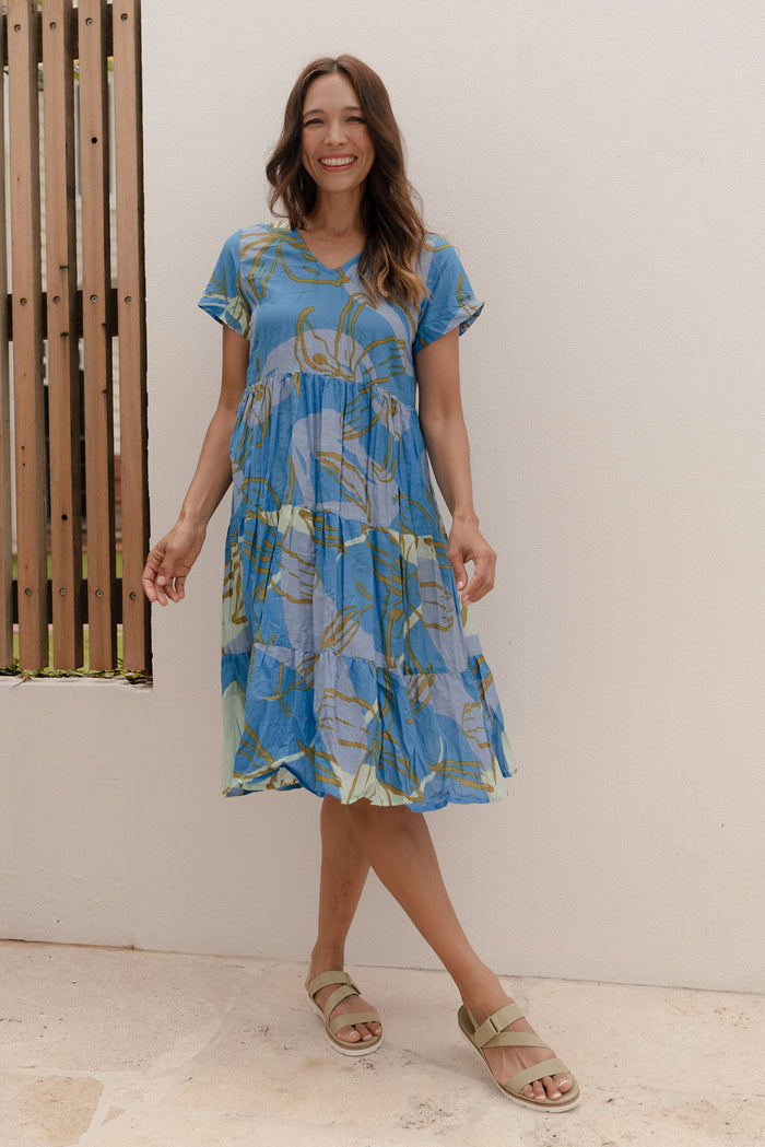 Lania Cobalt Lily Crinkle Cotton Dress,Lifestyle
