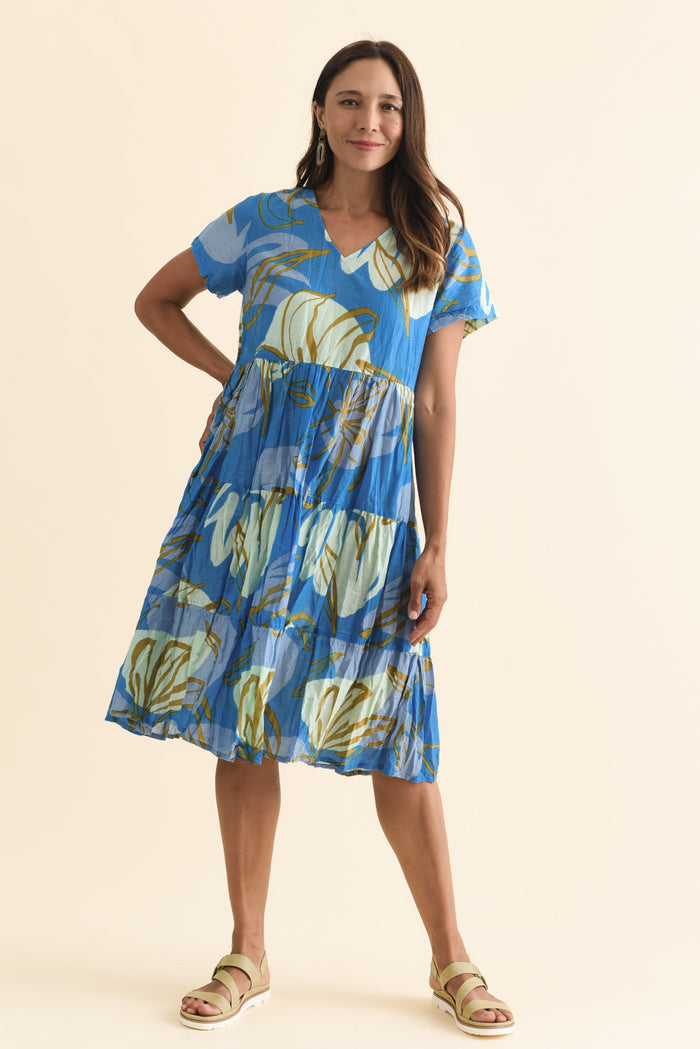 Lania Cobalt Lily Crinkle Cotton Dress,Brunette model,alt text|model:Cara