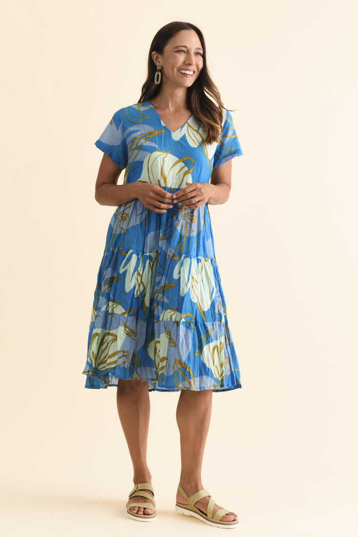 Lania Cobalt Lily Crinkle Cotton Dress,Brunette model,alt text|model:Cara