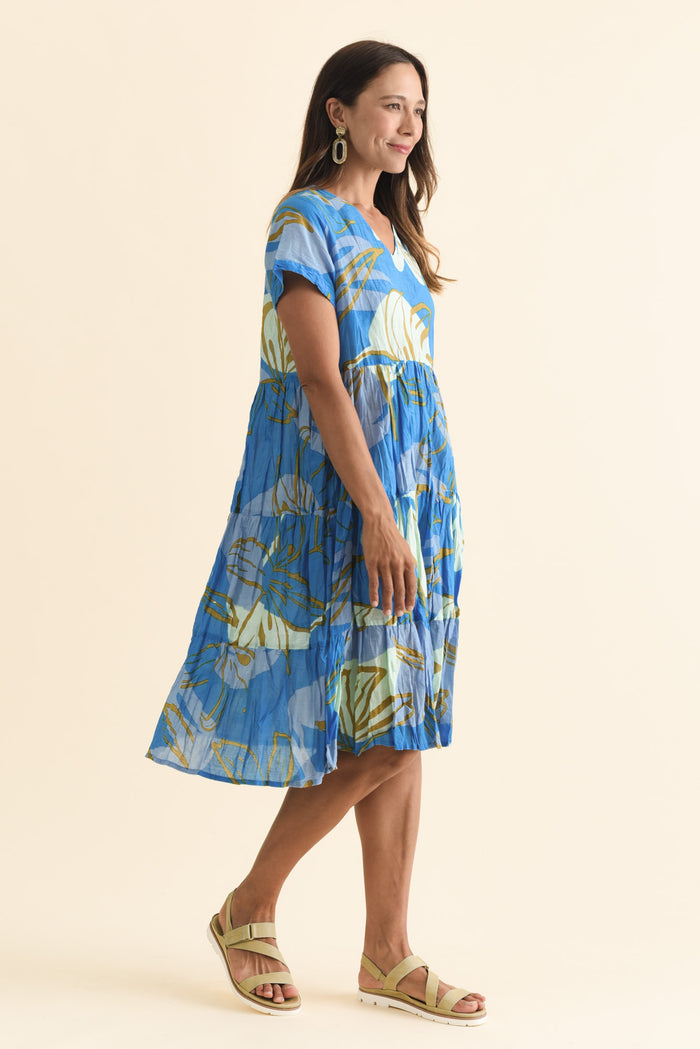 Lania Cobalt Lily Crinkle Cotton Dress,Brunette model,alt text|model:Cara