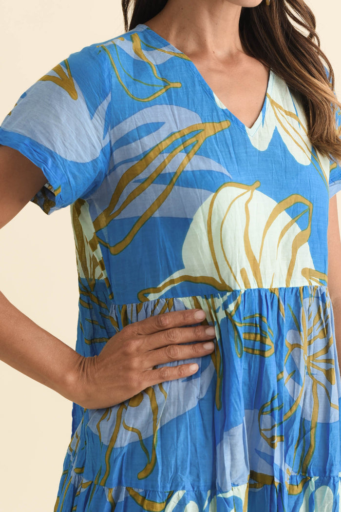 Lania Cobalt Lily Crinkle Cotton Dress,Brunette model,alt text|model:Cara