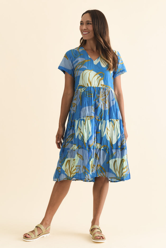 Lania Cobalt Lily Crinkle Cotton Dress,Brunette model,alt text|model:Cara