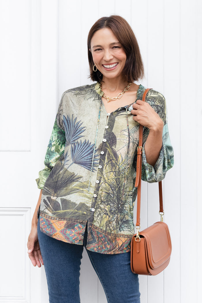 Laria Green Tropical Button Top,Lifestyle