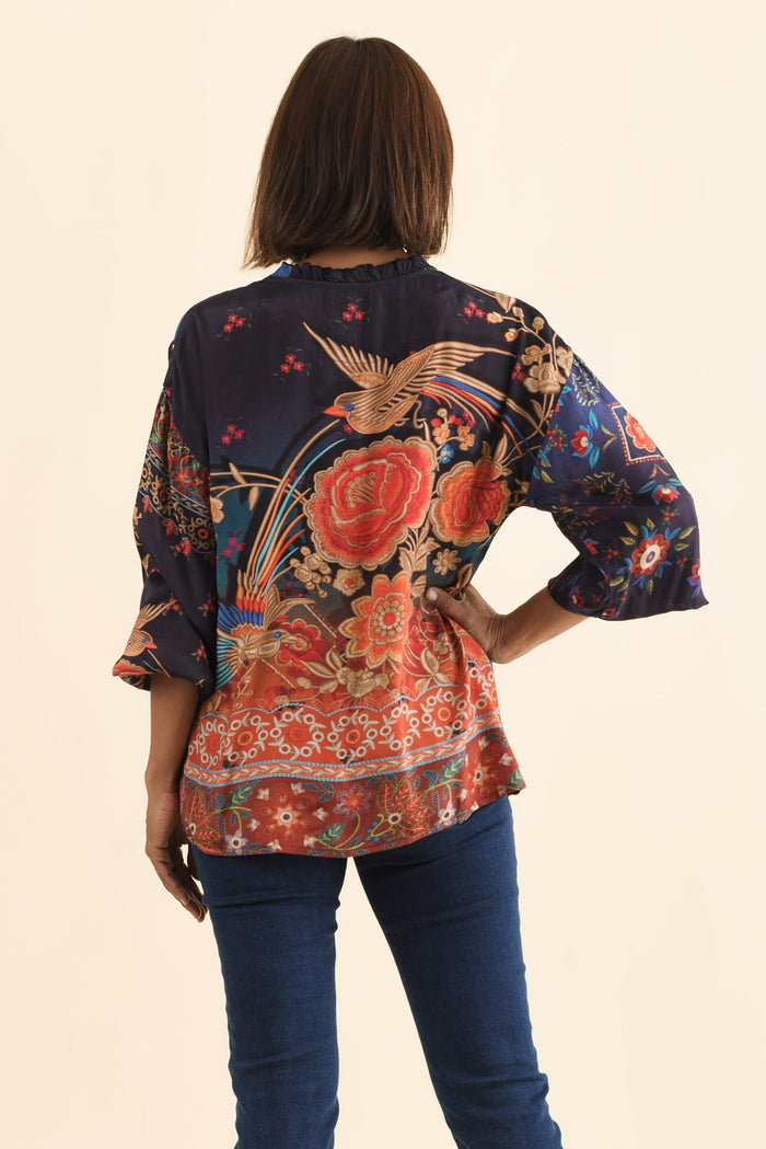 Laria Navy Botanical Button Top,Brunette model,alt text|model:Cara