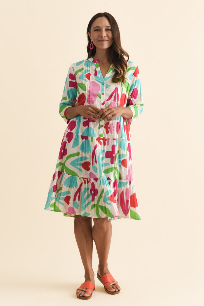 Larissa White Flower Cotton Pleated Dress,Brunette model,alt text|model:Cara
