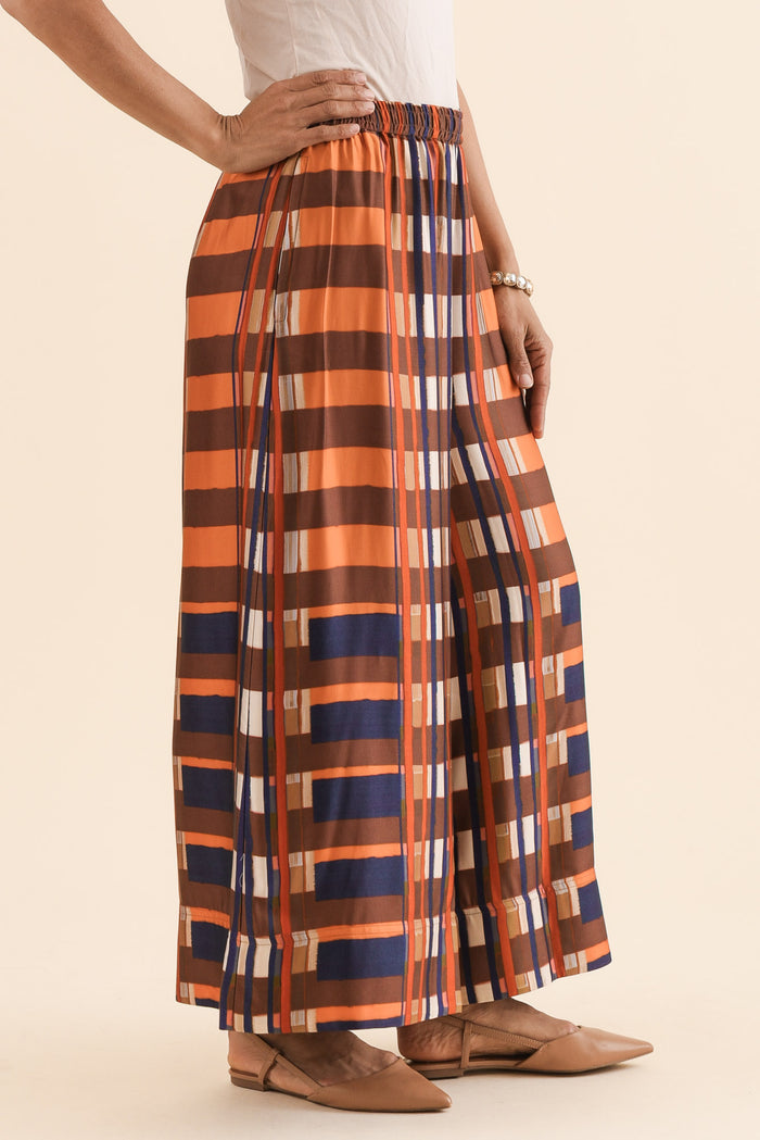 Lattice Orange Check Wide Leg Pants,Side,Brunette model,alt text|model:Cara