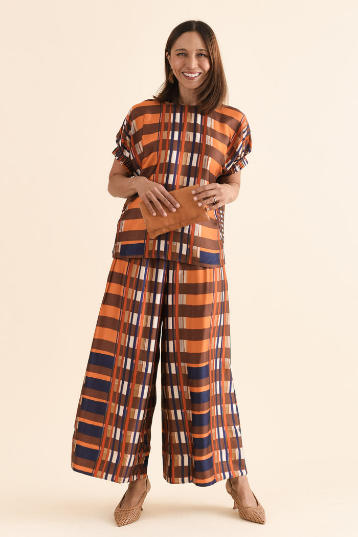 Lattice Orange Check Wide Leg Pants,Full Body,Brunette model,alt text|model:Cara