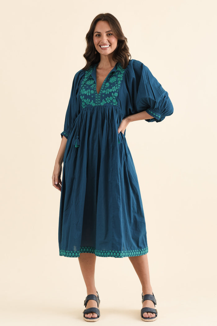Lazlo Blue Cotton Embroidered Dress,brunette model,Front of Outfit,alt text|model:MJ