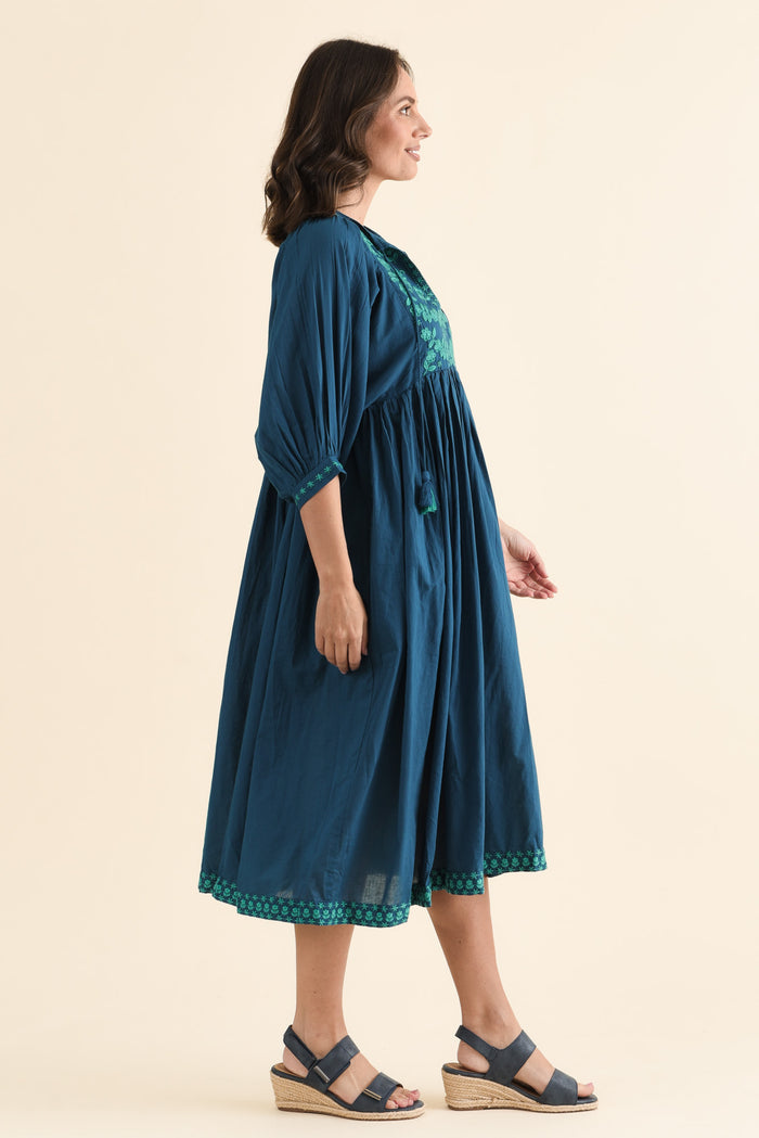 Lazlo Blue Cotton Embroidered Dress,brunette model,Side of Outfit,alt text|model:MJ