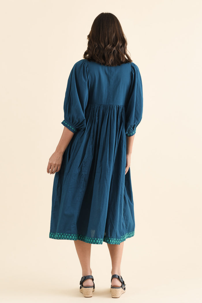 Lazlo Blue Cotton Embroidered Dress,brunette model,Back of Outfit,alt text|model:MJ