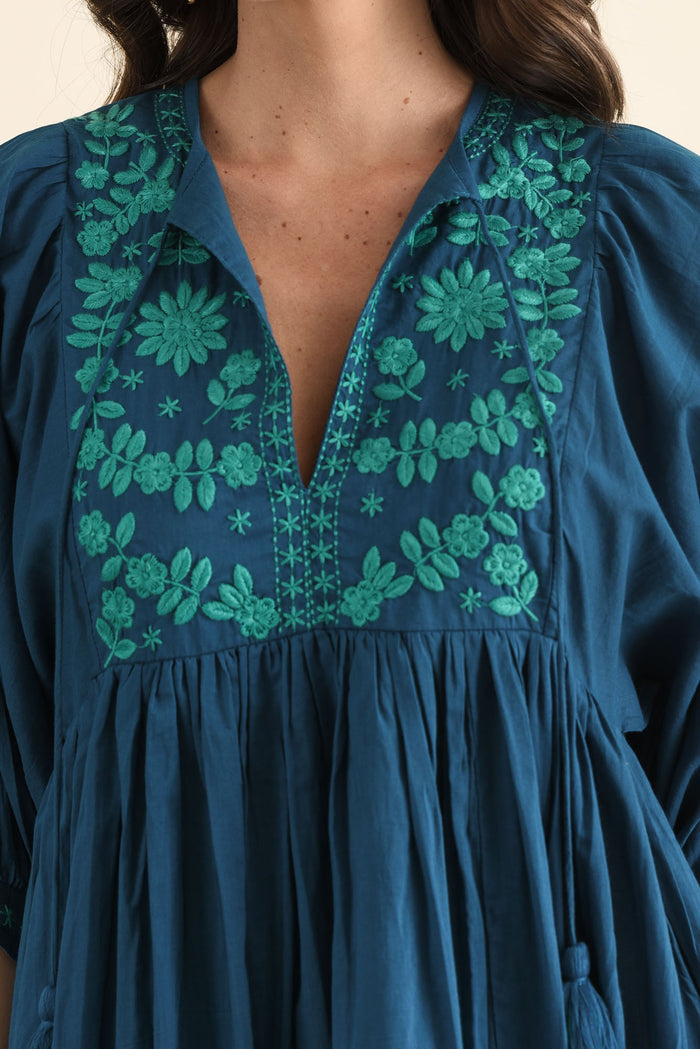 Lazlo Blue Cotton Embroidered Dress,brunette model,Close up of outfit,alt text|model:MJ
