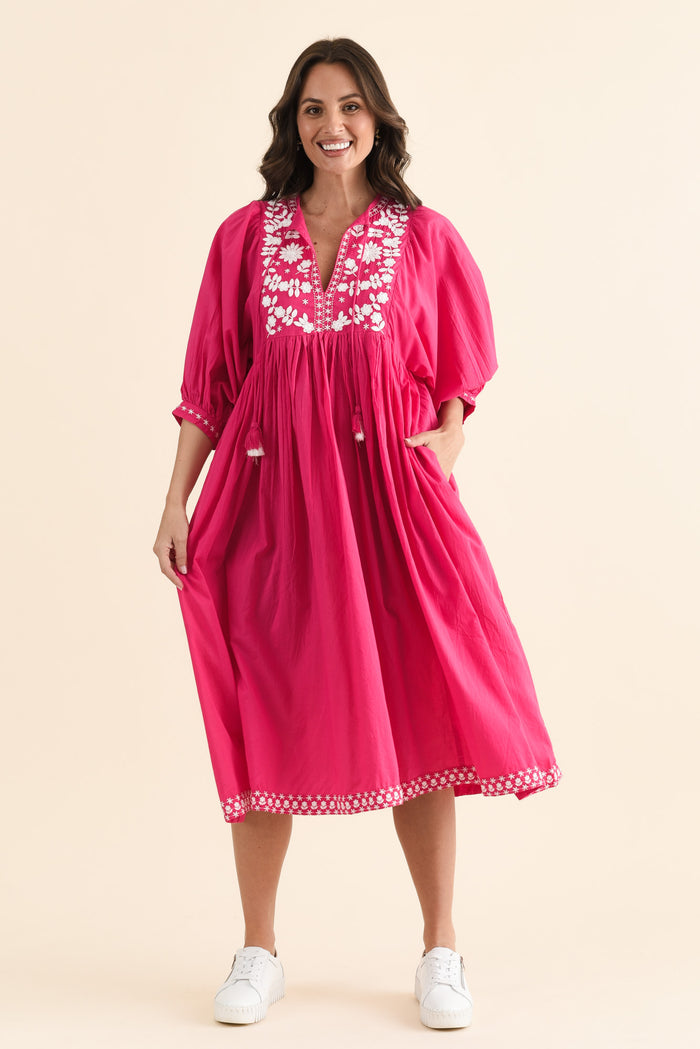 Lazlo Hot Pink Cotton Embroidered Dress,brunette model,Front of Outfit,alt text|model:MJ