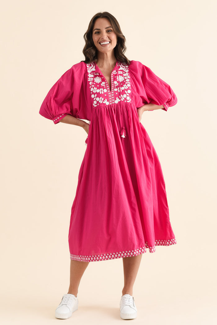 Lazlo Hot Pink Cotton Embroidered Dress,brunette model,Full Outfit,alt text|model:MJ