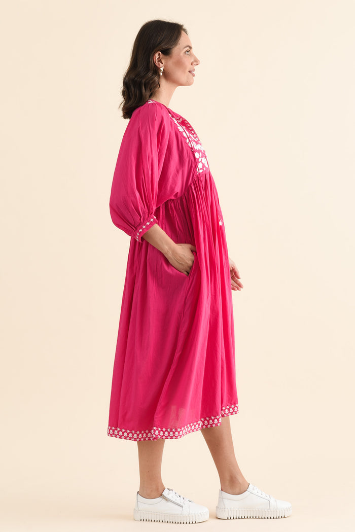 Lazlo Hot Pink Cotton Embroidered Dress,brunette model,Side of Outfit,alt text|model:MJ