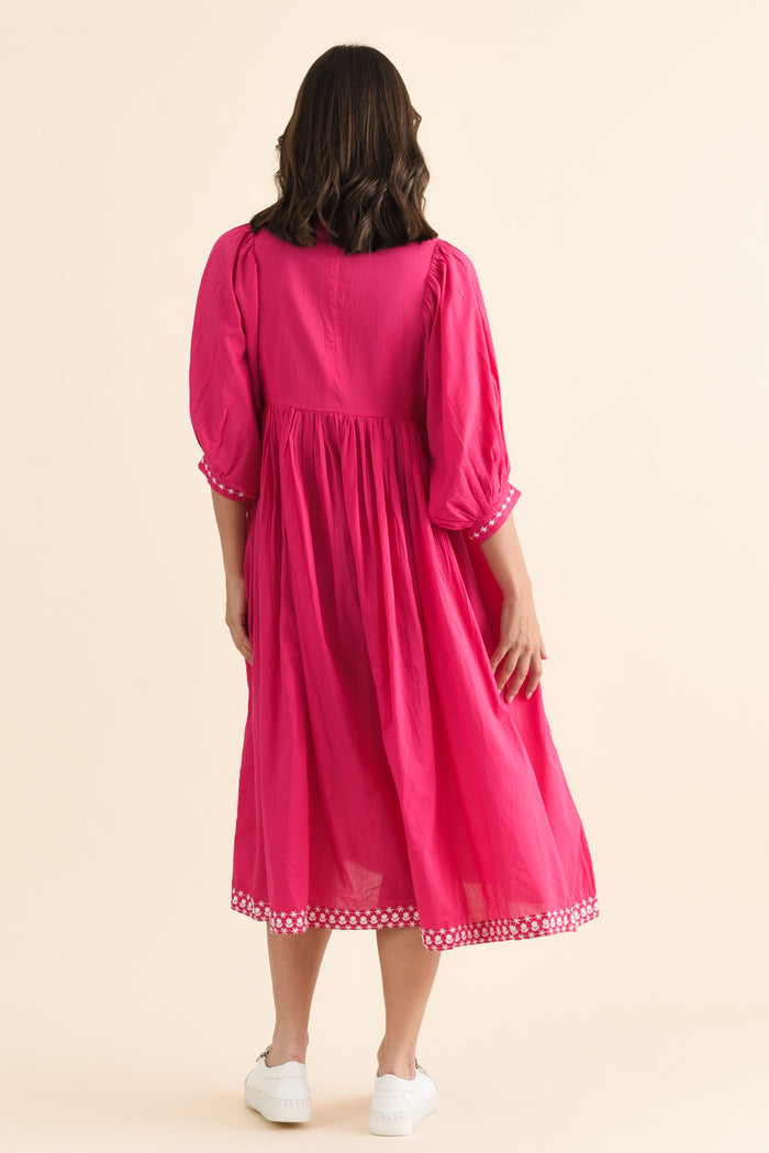 Lazlo Hot Pink Cotton Embroidered Dress,brunette model,Back of Outfit,alt text|model:MJ