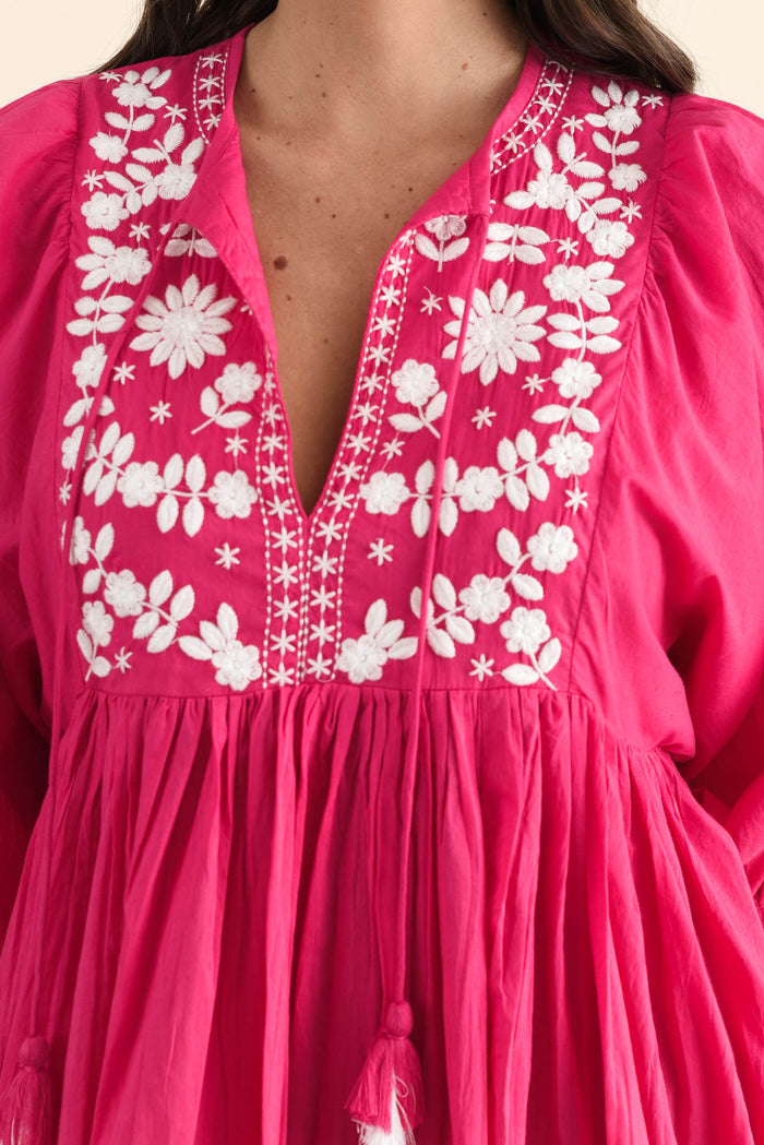 Lazlo Hot Pink Cotton Embroidered Dress,brunette model,Close up of outfit,alt text|model:MJ