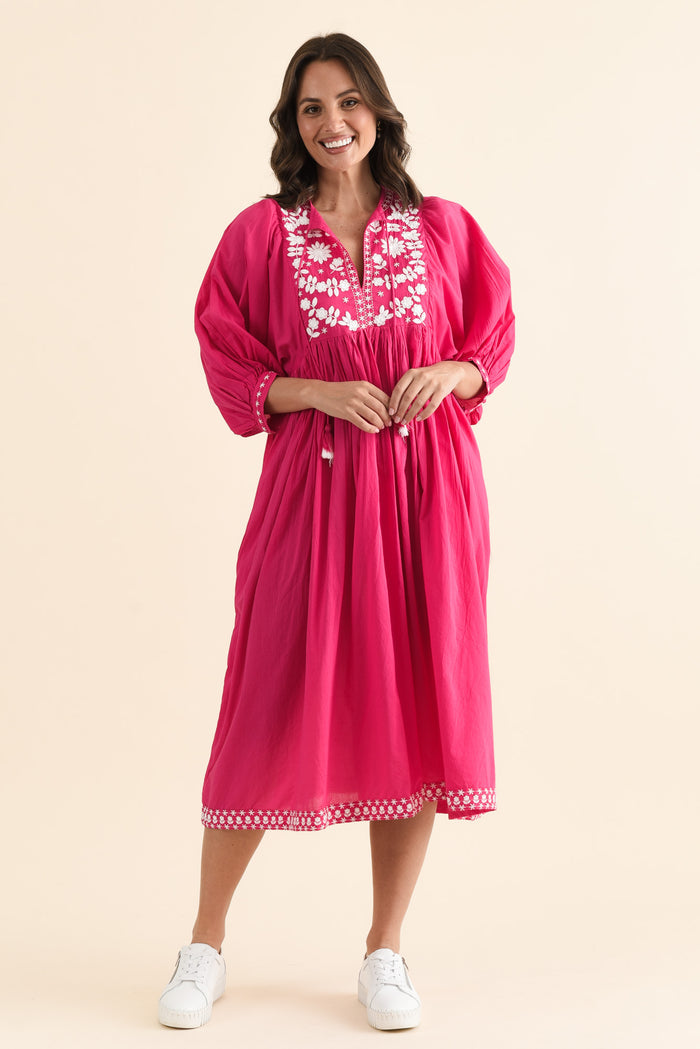 Lazlo Hot Pink Cotton Embroidered Dress,brunette model,Full Outfit,alt text|model:MJ