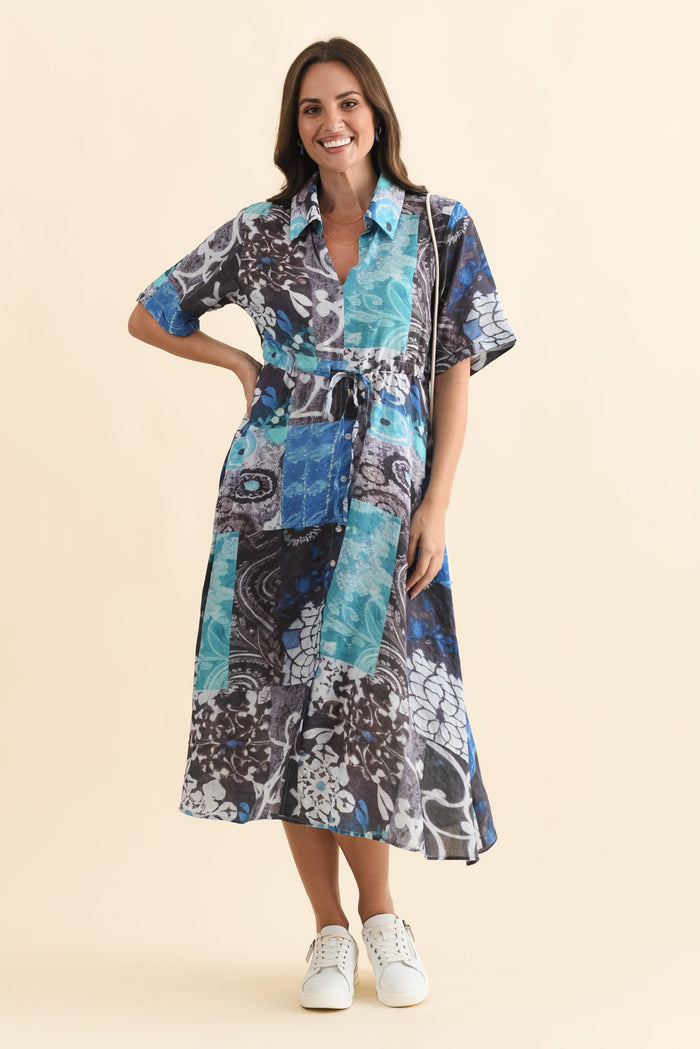 Leigh Blue Patchwork Tie Dress,Brunette model,alt text|model:MJ