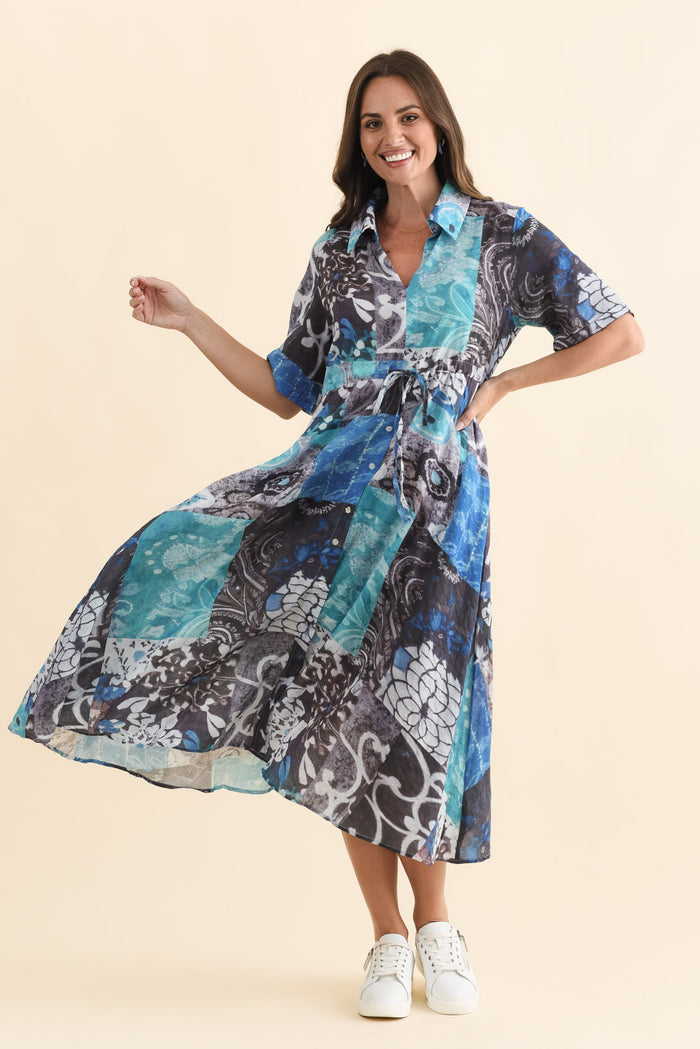 Leigh Blue Patchwork Tie Dress,Brunette model,alt text|model:MJ