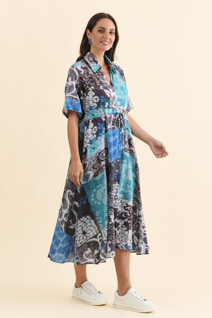 Leigh Blue Patchwork Tie Dress,Brunette model,alt text|model:MJ