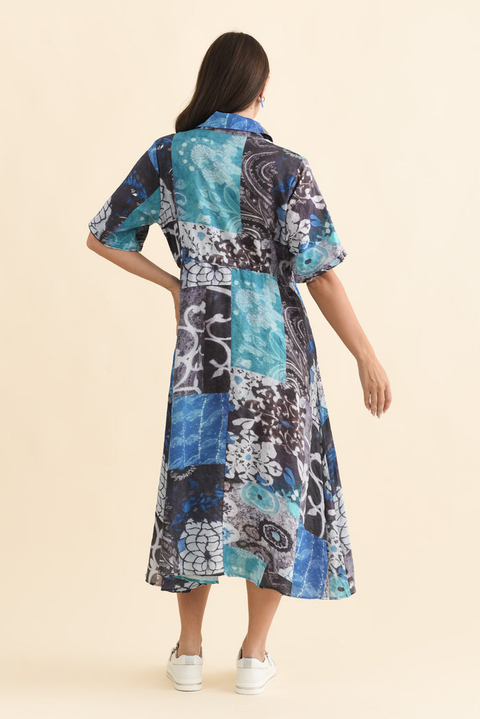 Leigh Blue Patchwork Tie Dress,Brunette model,alt text|model:MJ