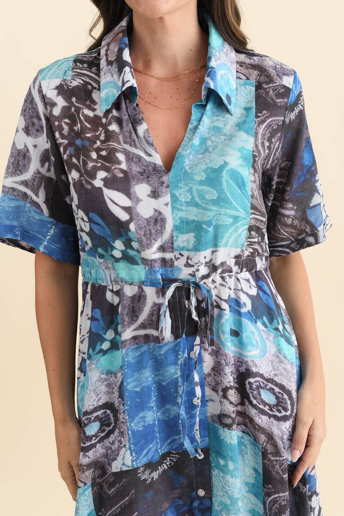 Leigh Blue Patchwork Tie Dress,Brunette model,alt text|model:MJ