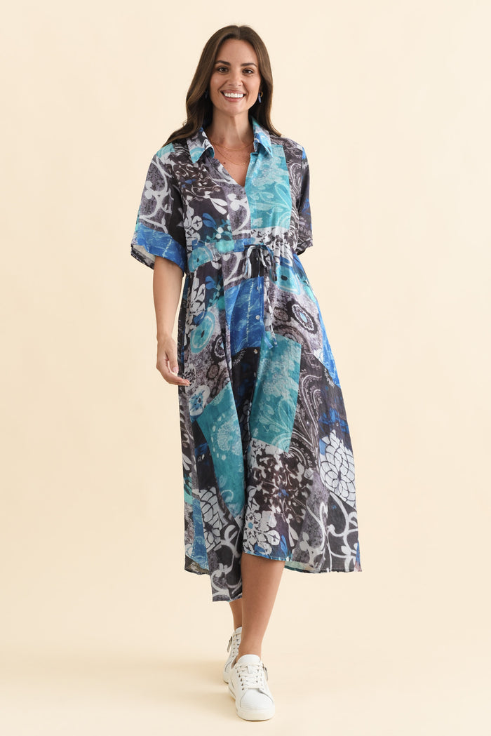Leigh Blue Patchwork Tie Dress,Brunette model,alt text|model:MJ