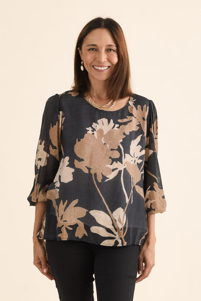 Lenah Black Floral Sleeved Top,Front,Brunette model,alt text|model:Cara