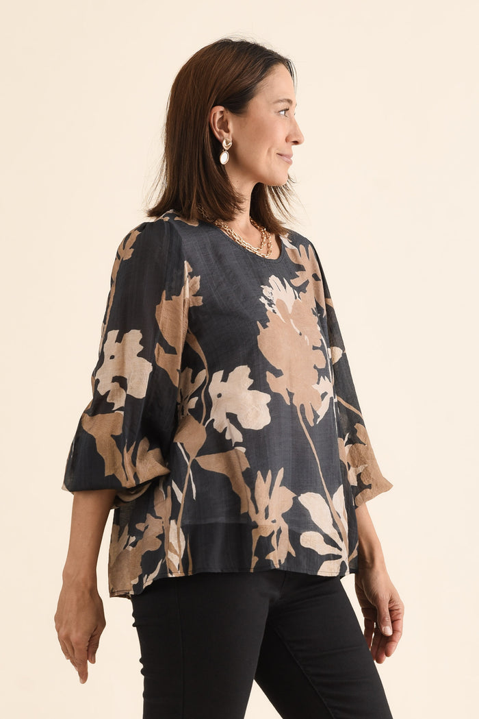 Lenah Black Floral Sleeved Top,Side,Brunette model,alt text|model:Cara