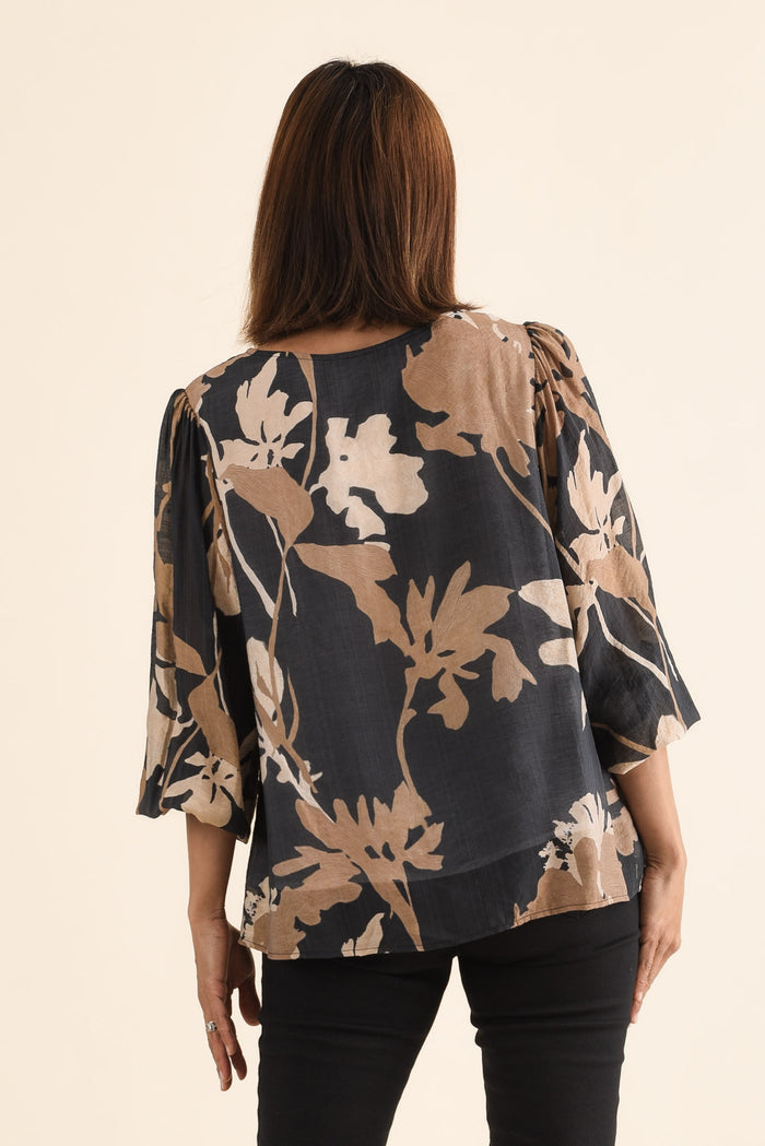 Lenah Black Floral Sleeved Top,Back,Brunette model,alt text|model:Cara