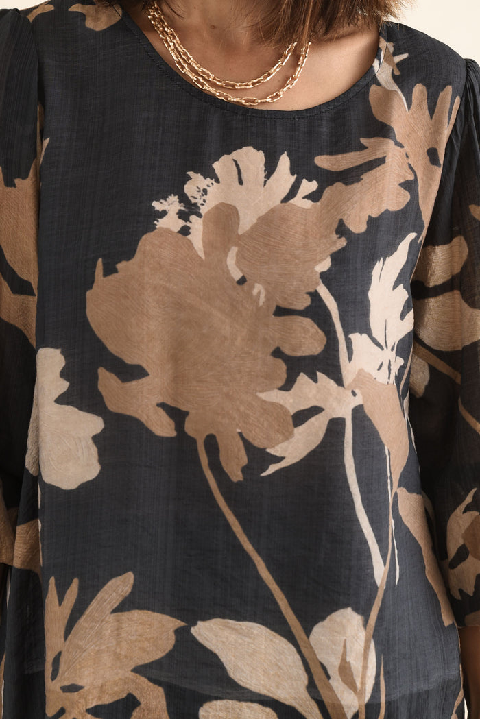Lenah Black Floral Sleeved Top,Detail,Brunette model,alt text|model:Cara
