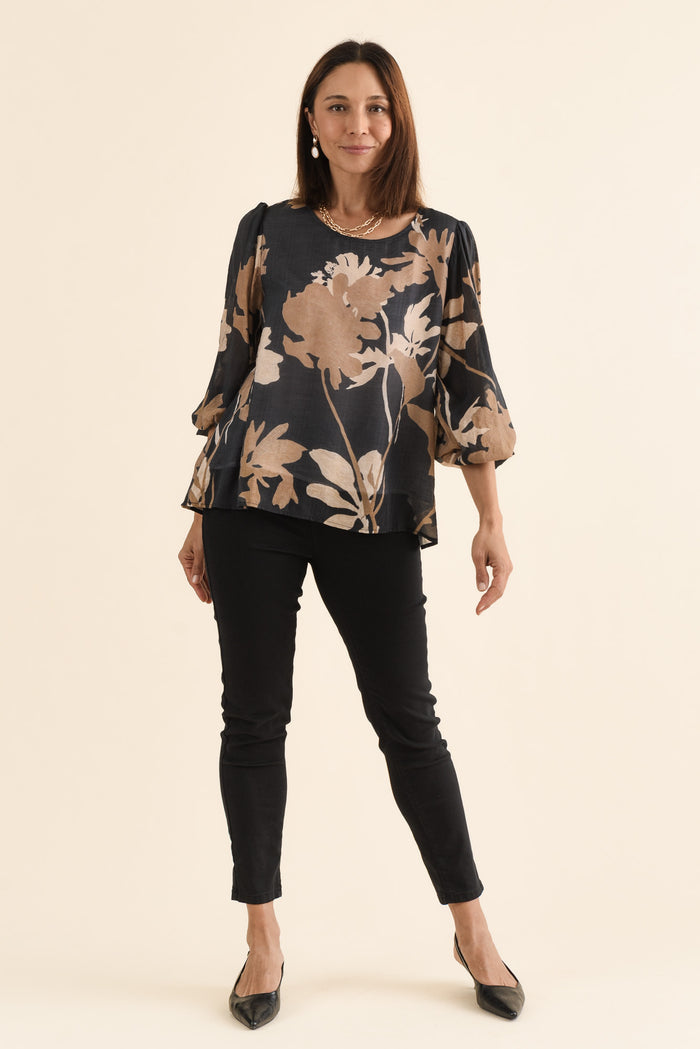 Lenah Black Floral Sleeved Top,Full Body,Brunette model,alt text|model:Cara