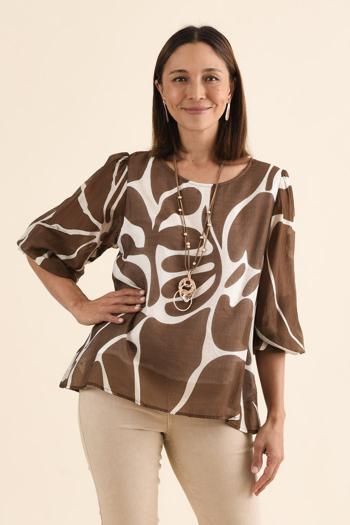 Lenah Mocha Abstract Sleeved Top,Front,Brunette model,alt text|model:Cara
