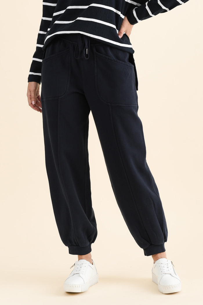 Leo Navy Cotton Sweatpants,brunette model,Front of Outfit,alt text|model:MJ
