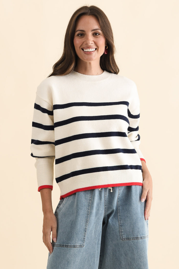 Leonie Navy Stripe Knit Sweater,Brunette model,alt text|model:MJ